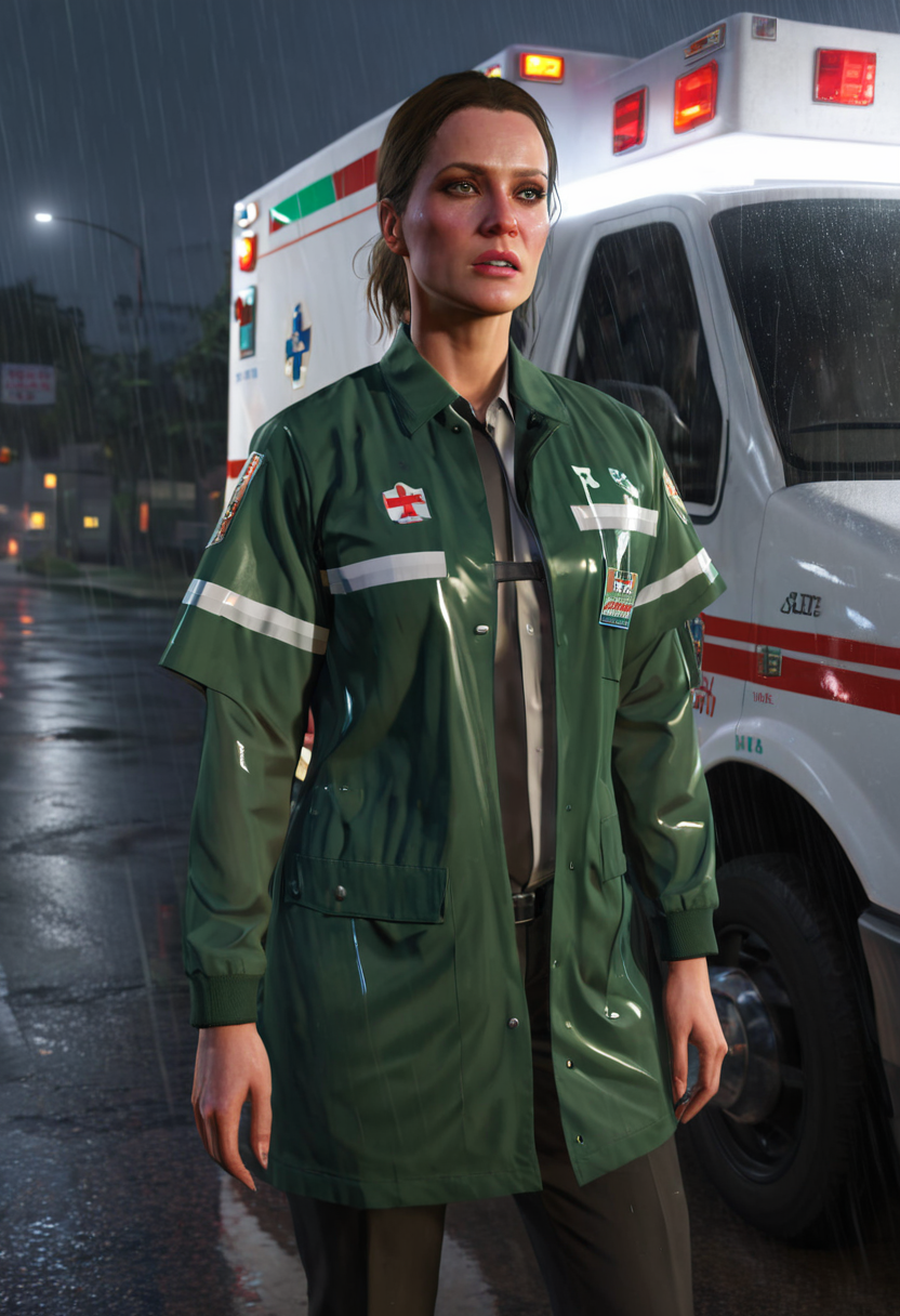 Paramedica en escena de emergencia nocturna